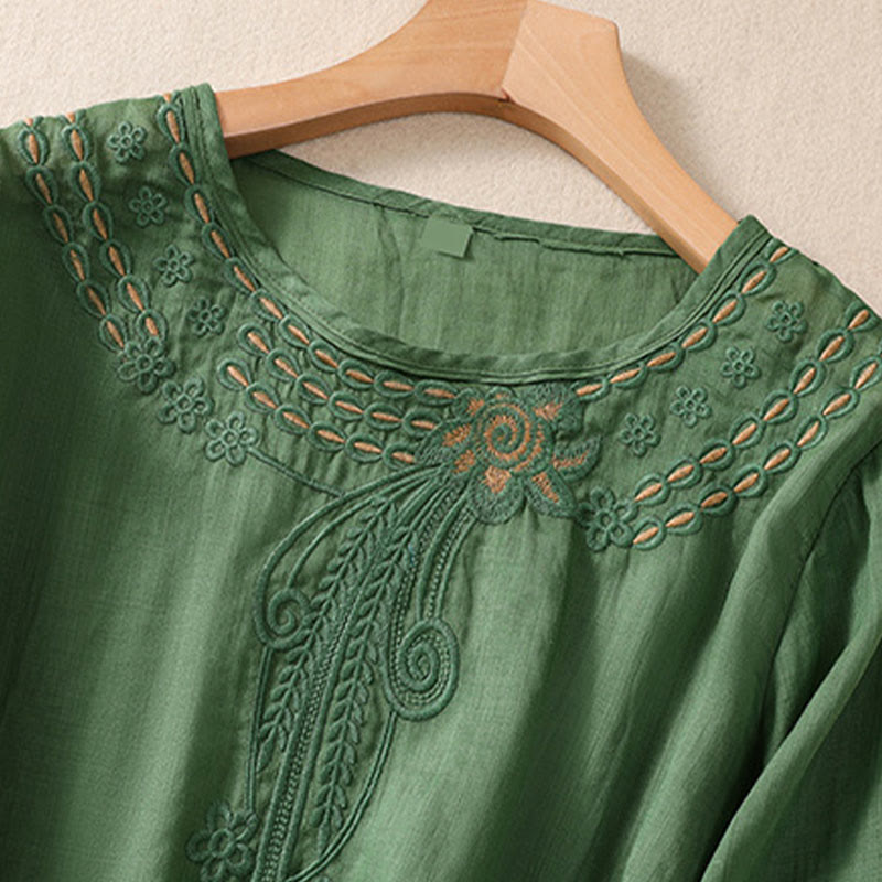 Buddha Stones Artistic Plain Floral Ricamato Design Girocollo Manica Corta a Sbuffo Cotone Lino T-shirt da Donna