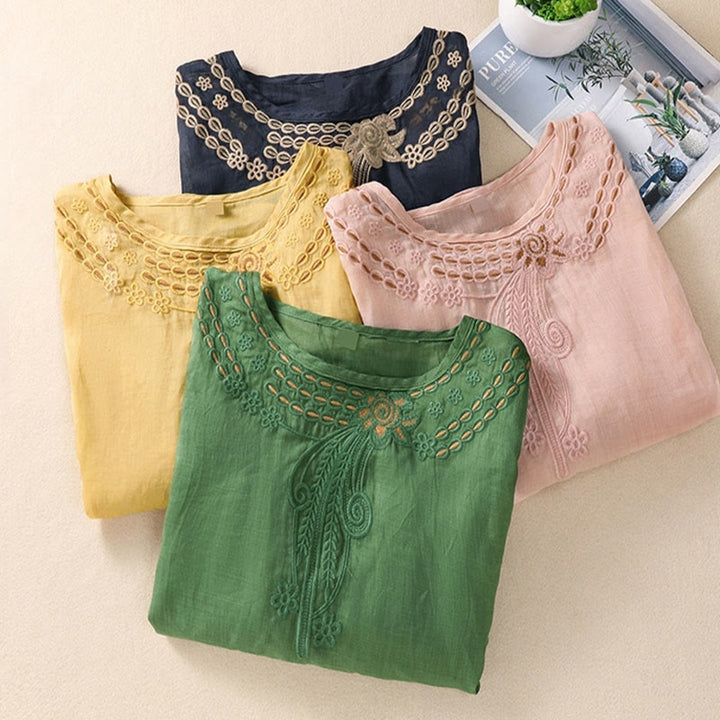 Buddha Stones Artistic Plain Floral Ricamato Design Girocollo Manica Corta a Sbuffo Cotone Lino T-shirt da Donna