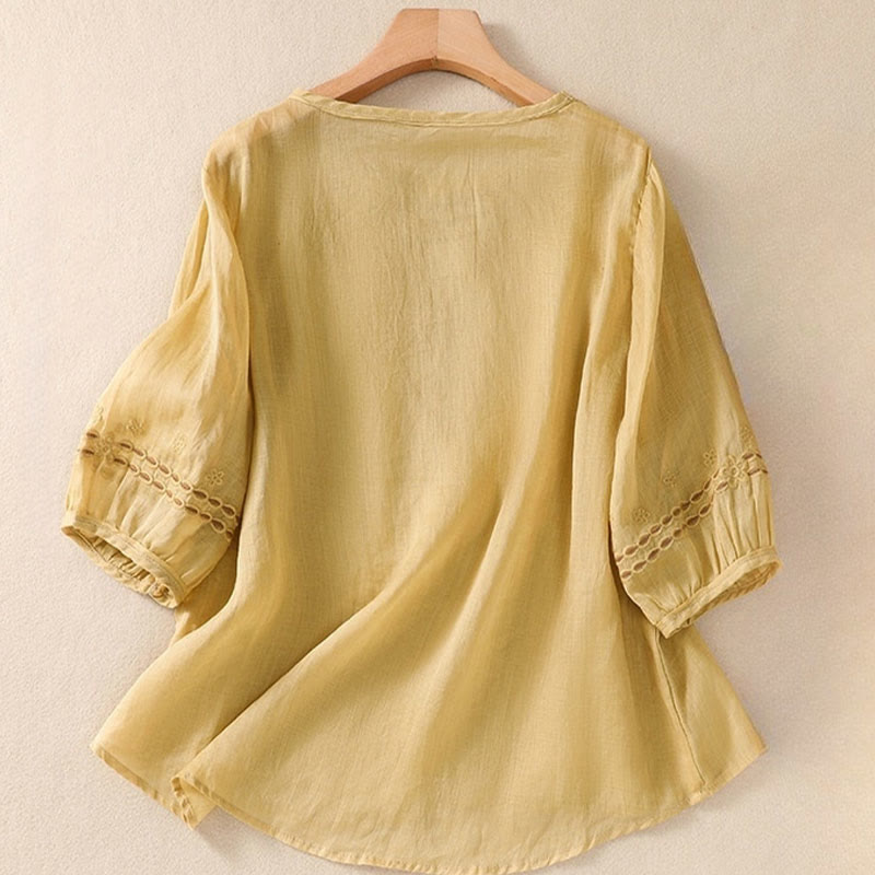 T-shirt da donna a maniche corte con scollo rotondo e ricamo floreale a tinta unita Buddha Stones. - image 13