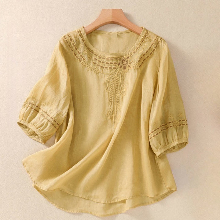 Buddha Stones Artistic Plain Floral Ricamato Design Girocollo Manica Corta a Sbuffo Cotone Lino T-shirt da Donna - Cachi - US8-10, UK/AU12-14, EU40-42 (2XL) - image 12