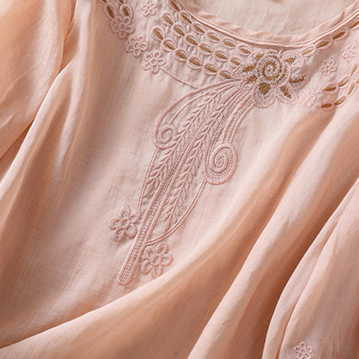 Buddha Stones Artistic Plain Floral Ricamato Design Girocollo Manica Corta a Sbuffo Cotone Lino T-shirt da Donna - image 6