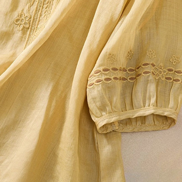 Buddha Stones Artistic Plain Floral Ricamato Design Girocollo Manica Corta a Sbuffo Cotone Lino T-shirt da Donna - image 17