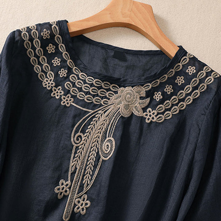 Buddha Stones Artistic Plain Floral Ricamato Design Girocollo Manica Corta a Sbuffo Cotone Lino T-shirt da Donna