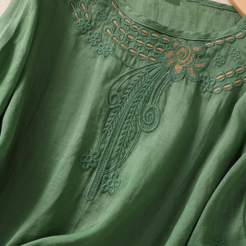 Buddha Stones Artistic Plain Floral Ricamato Design Girocollo Manica Corta a Sbuffo Cotone Lino T-shirt da Donna - image 22