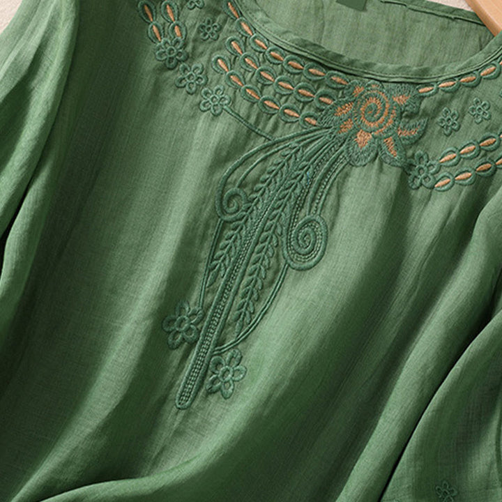 Buddha Stones Artistic Plain Floral Ricamato Design Girocollo Manica Corta a Sbuffo Cotone Lino T-shirt da Donna - image 22