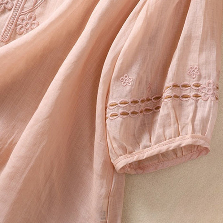 Buddha Stones Artistic Plain Floral Ricamato Design Girocollo Manica Corta a Sbuffo Cotone Lino T-shirt da Donna - image 9