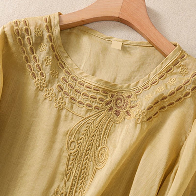 Buddha Stones Artistic Plain Floral Ricamato Design Girocollo Manica Corta a Sbuffo Cotone Lino T-shirt da Donna - image 14