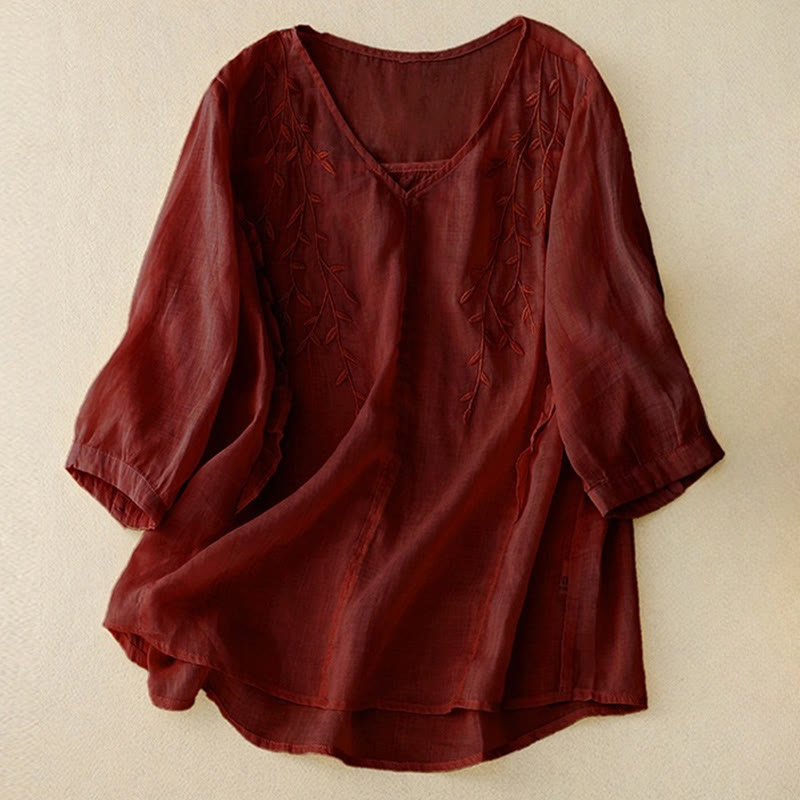 Camicia da donna con scollo a V e manica corta, motivo Buddha Stones, casual, semplice, con ricamo a foglia di salice - Marrone - US8-10, UK/AU12-14, EU40-42 (2XL) - image 8