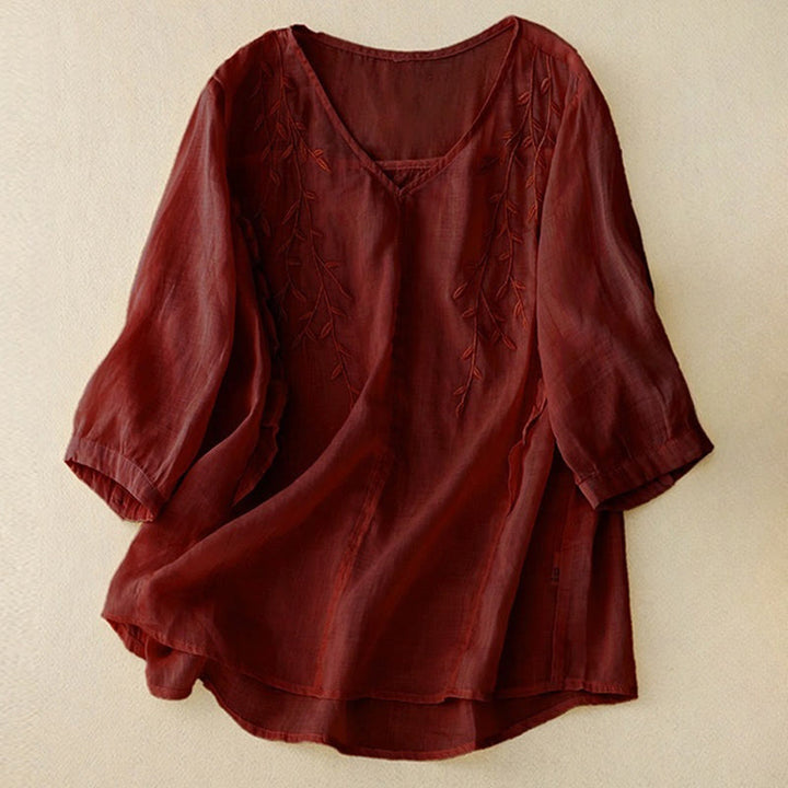 Camicia da donna con scollo a V e manica corta, motivo Buddha Stones, casual, semplice, con ricamo a foglia di salice - Marrone - US8-10, UK/AU12-14, EU40-42 (2XL) - image 8