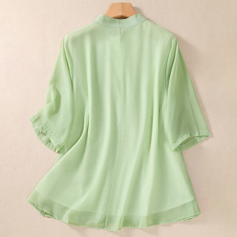 Buddha Stones Ricamo Piante Fiori Mezza Manica Semplice Rana-Bottone Collo Alto Camicia da Donna