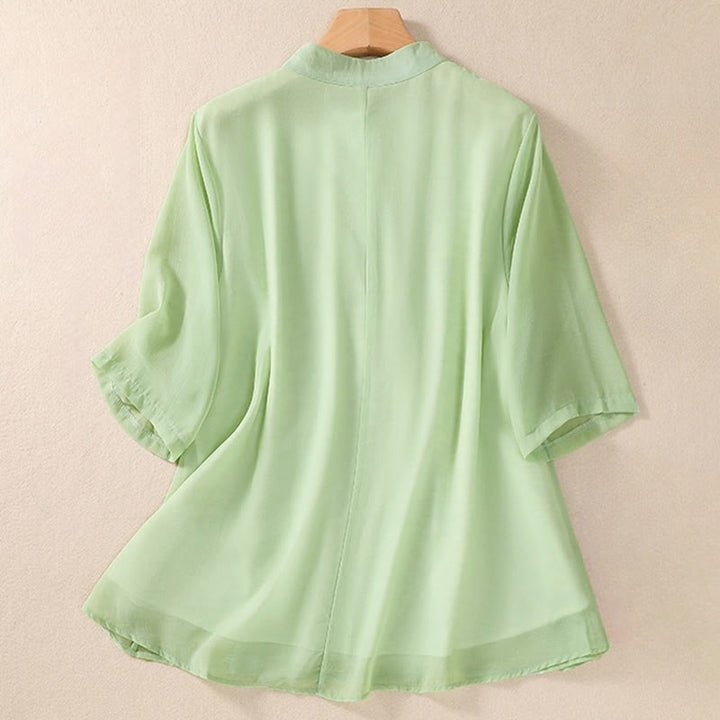 Buddha Stones Ricamo Piante Fiori Mezza Manica Semplice Rana-Bottone Collo Alto Camicia da Donna