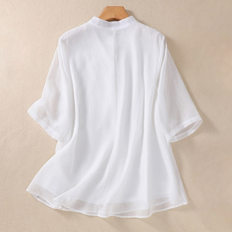 Buddha Stones Ricamo Piante Fiori Mezza Manica Semplice Rana-Bottone Collo Alto Camicia da Donna - image 11