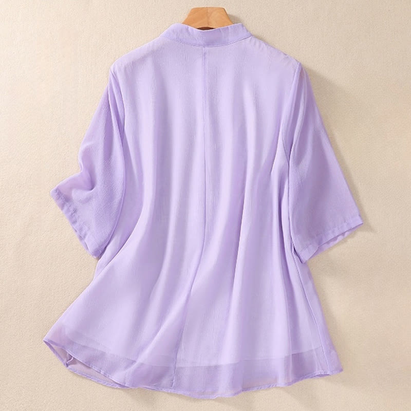 Buddha Stones Ricamo Piante Fiori Mezza Manica Semplice Rana-Bottone Collo Alto Camicia da Donna - image 20