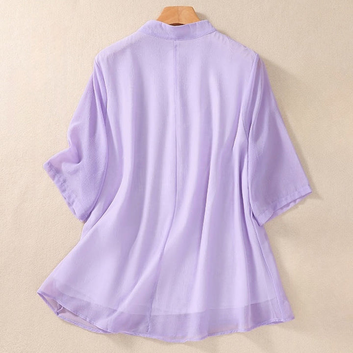 Buddha Stones Ricamo Piante Fiori Mezza Manica Semplice Rana-Bottone Collo Alto Camicia da Donna - image 20