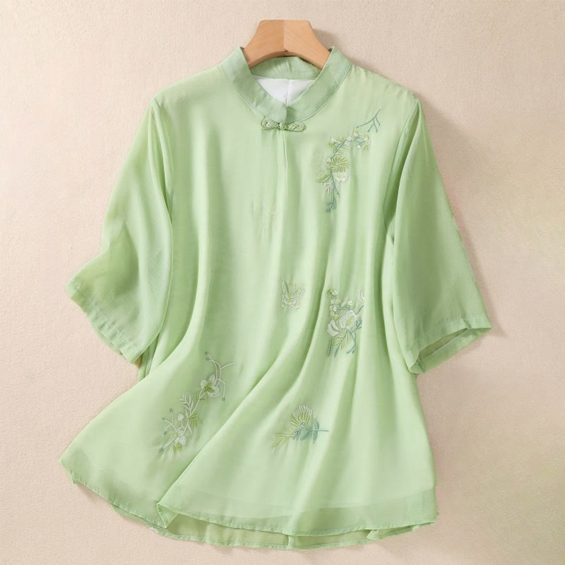 Buddha Stones Ricamo Piante Fiori Mezza Manica Semplice Rana-Bottone Collo Alto Camicia da Donna - Verde pallido - US8-10, UK/AU12-14, EU40-42 (2XL) - image 0