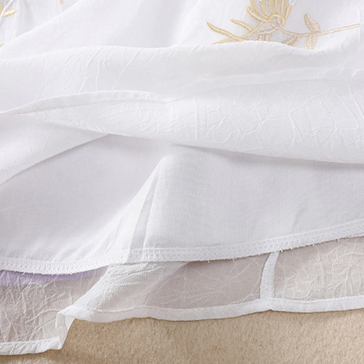 Buddha Stones Ricamo Piante Fiori Mezza Manica Semplice Rana-Bottone Collo Alto Camicia da Donna