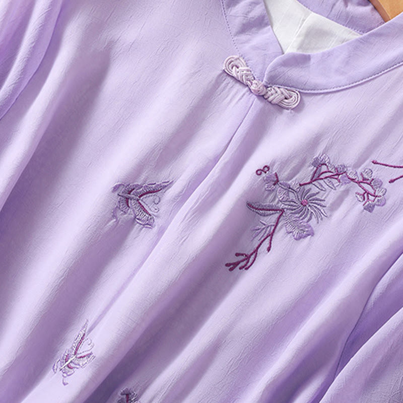 Buddha Stones Ricamo Piante Fiori Mezza Manica Semplice Rana-Bottone Collo Alto Camicia da Donna - image 22