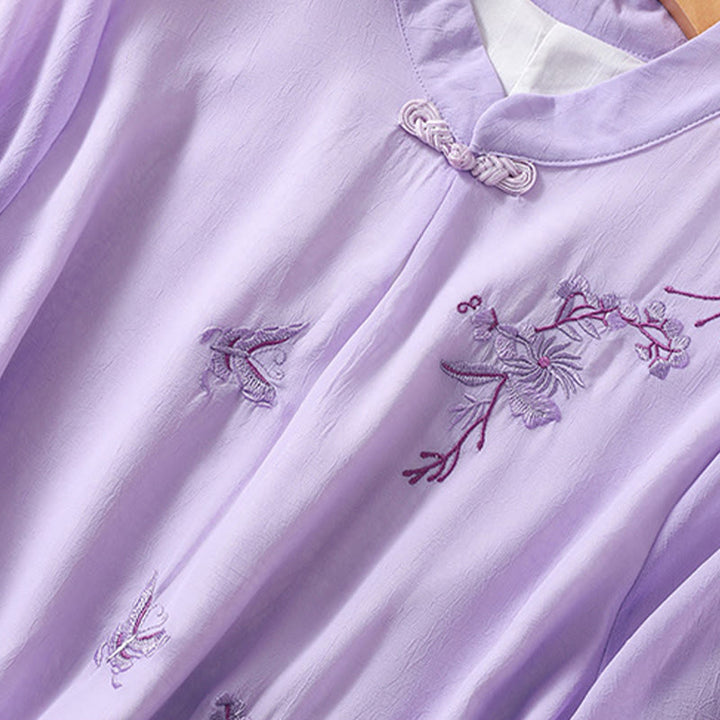 Buddha Stones Ricamo Piante Fiori Mezza Manica Semplice Rana-Bottone Collo Alto Camicia da Donna