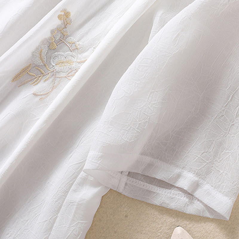 Buddha Stones Ricamo Piante Fiori Mezza Manica Semplice Rana-Bottone Collo Alto Camicia da Donna - image 15