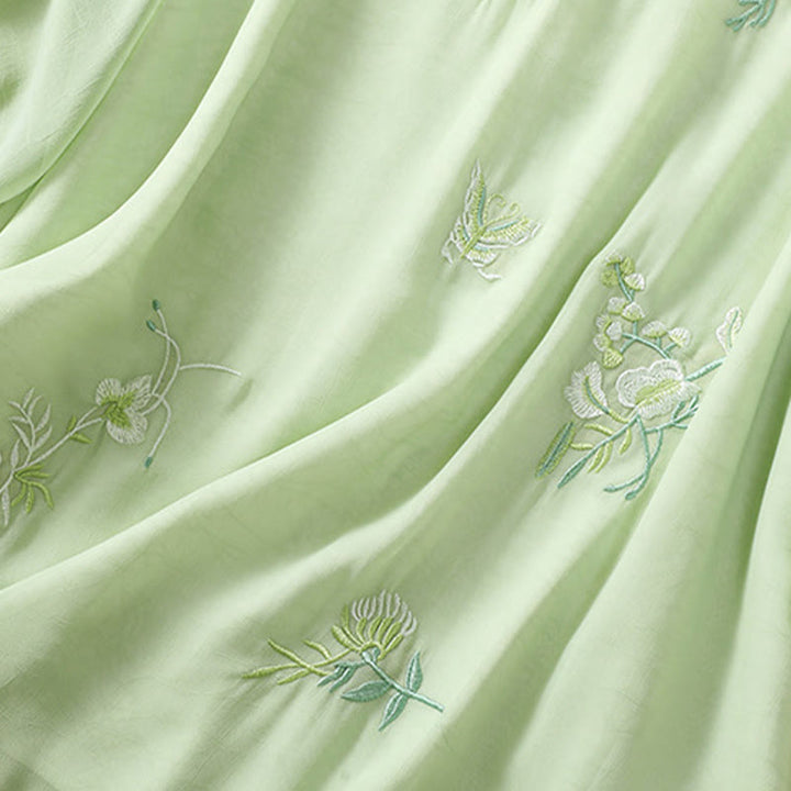 Buddha Stones Ricamo Piante Fiori Mezza Manica Semplice Rana-Bottone Collo Alto Camicia da Donna