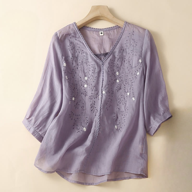 Buddha Stones Estate Casual Fiori Rami Ricamato Modello Scollo a V Mezza Manica Cotone Lino T-shirt da Donna