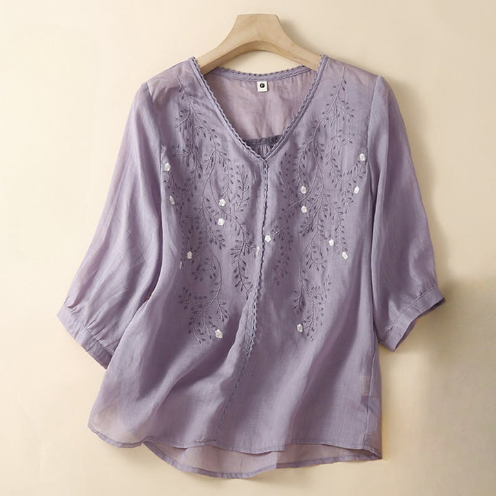 Buddha Stones Estate Casual Fiori Rami Ricamato Modello Scollo a V Mezza Manica Cotone Lino T-shirt da Donna