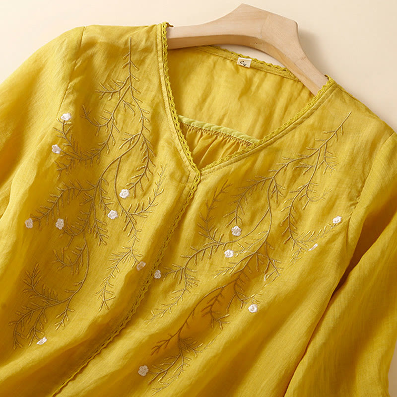 Buddha Stones Estate Casual Fiori Rami Ricamato Modello Scollo a V Mezza Manica Cotone Lino T-shirt da Donna - image 1