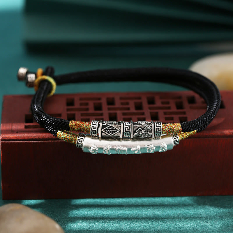 Bracciale doppio intrecciato a mano in argento sterling Om Mani Padme Hum con nodo del drago Buddha Stones - Cordino nero (circonferenza polso: 15-20 cm) - image 0