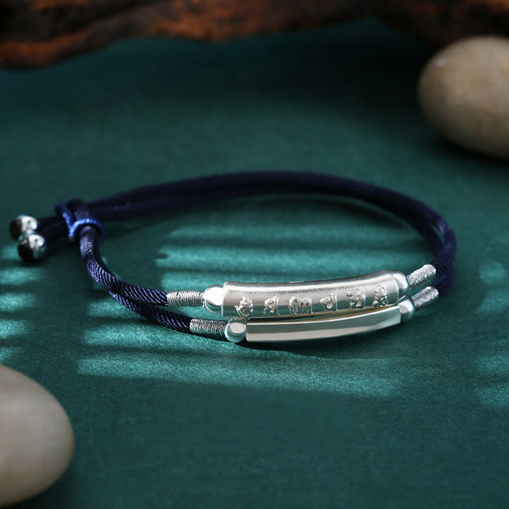 Bracciale doppio intrecciato a mano in argento sterling Om Mani Padme Hum con nodo del drago Buddha Stones