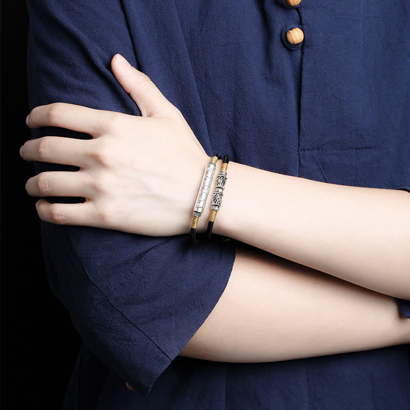 Bracciale doppio intrecciato a mano in argento sterling Om Mani Padme Hum con nodo del drago Buddha Stones