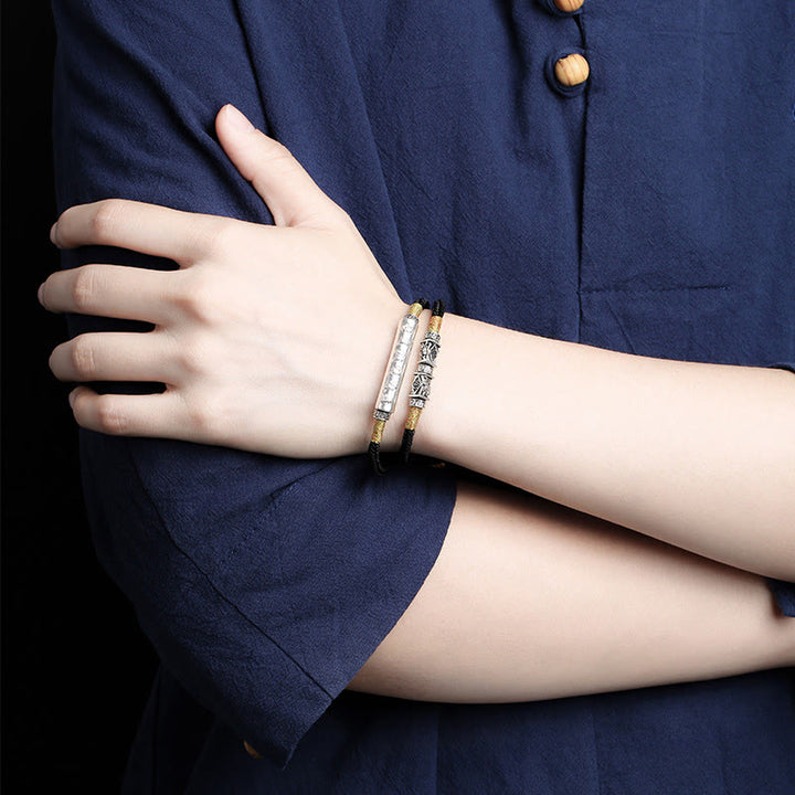 Bracciale doppio intrecciato a mano in argento sterling Om Mani Padme Hum con nodo del drago Buddha Stones