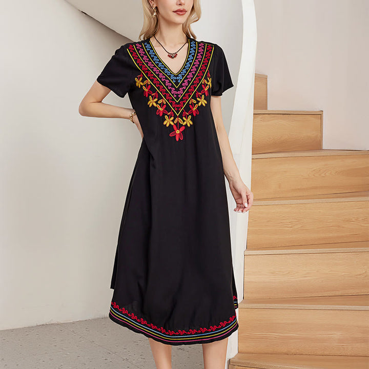 Abito midi in cotone con scollo a V, manica corta, casual, estivo, bohémien, con ricamo geometrico, motivo Buddha Stones