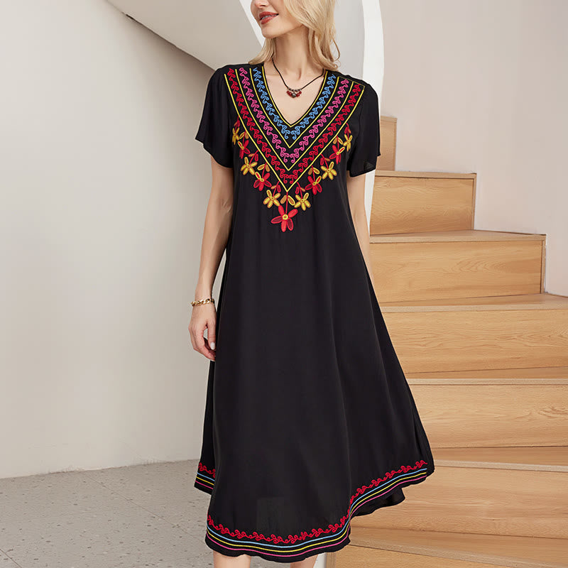 Abito midi in cotone con scollo a V, manica corta, casual, estivo, bohémien, con ricamo geometrico, motivo Buddha Stones