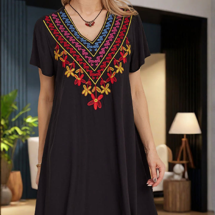 Abito midi in cotone con scollo a V, manica corta, casual, estivo, bohémien, con ricamo geometrico, motivo Buddha Stones
