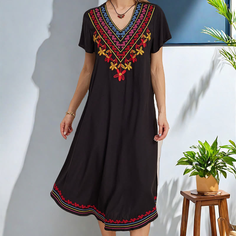 Abito midi in cotone con scollo a V, manica corta, casual, estivo, bohémien, con ricamo geometrico, motivo Buddha Stones