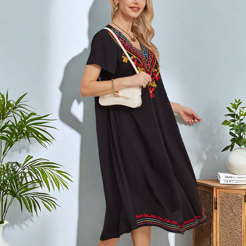 Abito midi in cotone con scollo a V, manica corta, casual, estivo, bohémien, con ricamo geometrico, motivo Buddha Stones