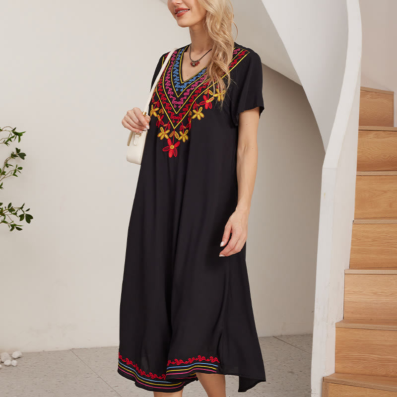 Abito midi in cotone con scollo a V, manica corta, casual, estivo, bohémien, con ricamo geometrico, motivo Buddha Stones