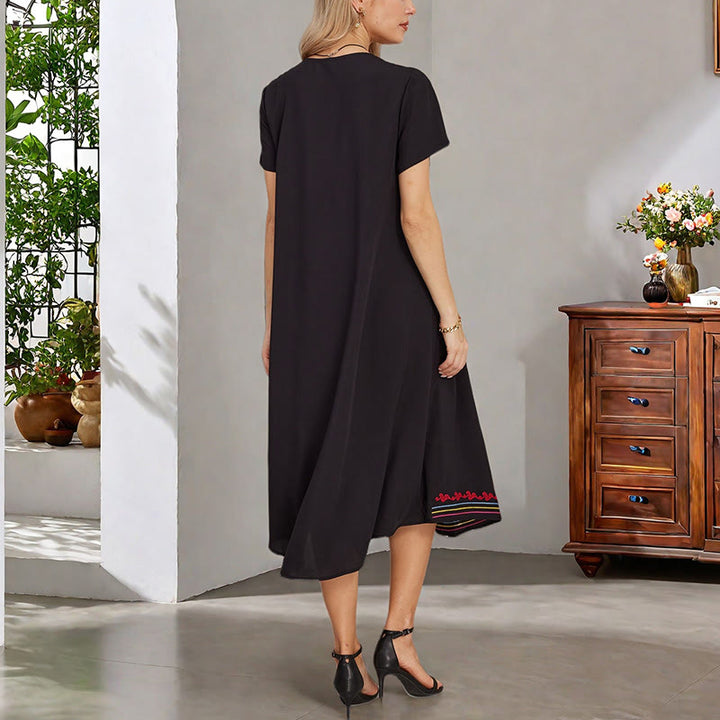 Abito midi in cotone con scollo a V, manica corta, casual, estivo, bohémien, con ricamo geometrico, motivo Buddha Stones