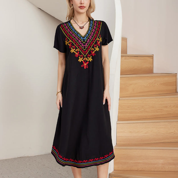 Abito midi in cotone con scollo a V, manica corta, casual, estivo, bohémien, con ricamo geometrico, motivo Buddha Stones