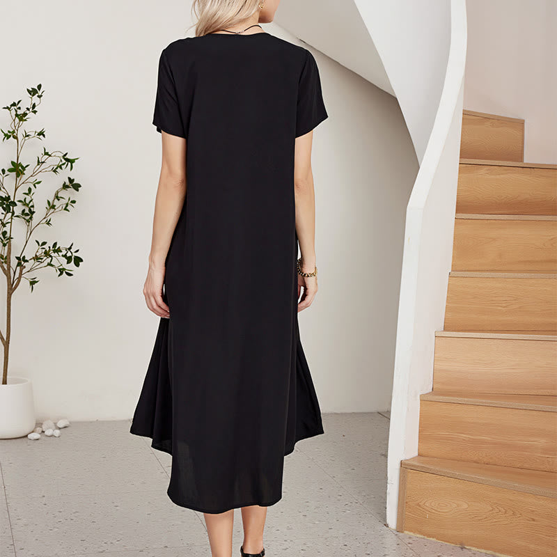 Abito midi in cotone con scollo a V, manica corta, casual, estivo, bohémien, con ricamo geometrico, motivo Buddha Stones - image 2