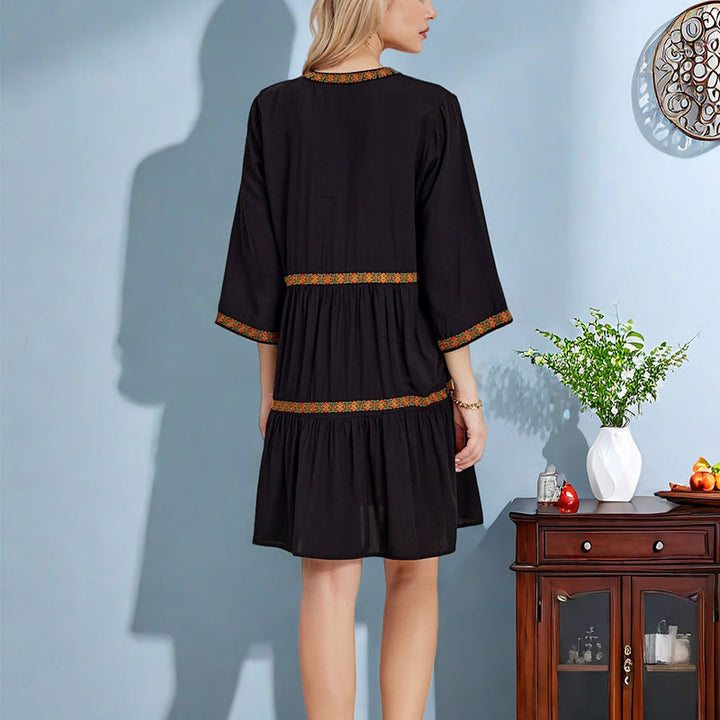 Abito midi in cotone con maniche a tre quarti, motivo geometrico floreale, ricamo bohémien nero Buddha Stones - image 3