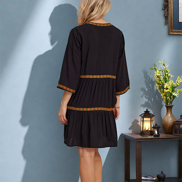 Abito midi in cotone con maniche a tre quarti, motivo geometrico floreale, ricamo bohémien nero Buddha Stones - image 5