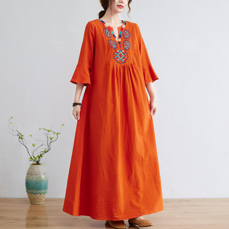 Abito lungo in cotone e lino con maniche a tre quarti, motivo floreale, motivo etnico ricamato e sciolto, motivo Buddha Stones - Arancione Rosso - US8-10, UK/AU12-14, EU40-42 (2XL) - image 9