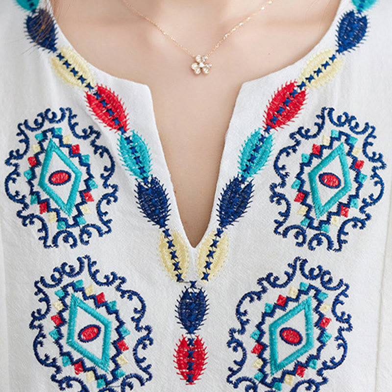 Abito lungo in cotone e lino con maniche a tre quarti, motivo floreale, motivo etnico ricamato e sciolto, motivo Buddha Stones - image 5