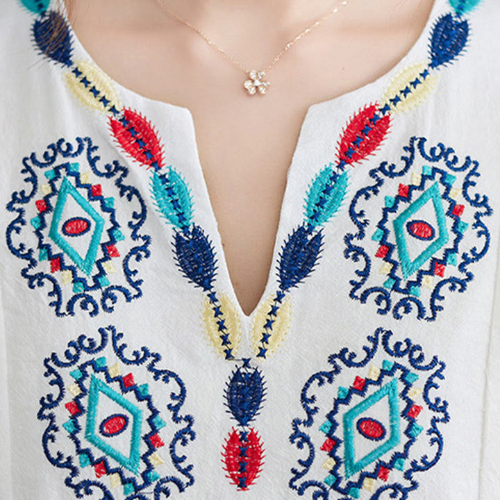 Abito lungo in cotone e lino con maniche a tre quarti, motivo floreale, motivo etnico ricamato e sciolto, motivo Buddha Stones - image 5