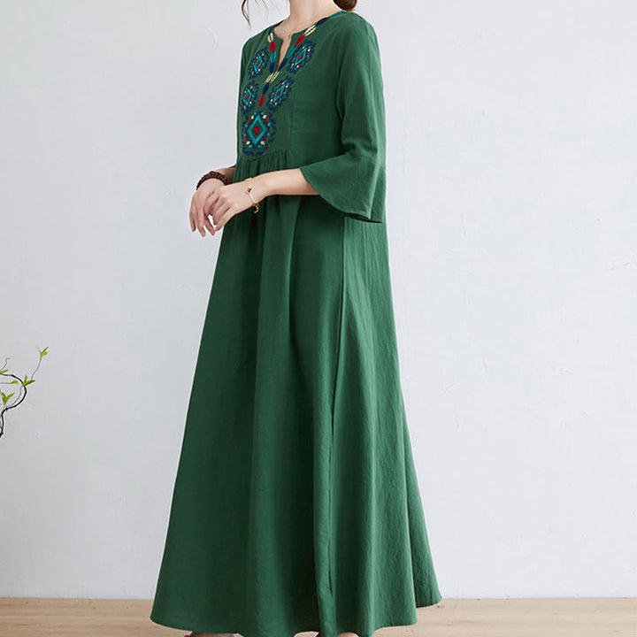 Abito lungo in cotone e lino con maniche a tre quarti, motivo floreale, motivo etnico ricamato e sciolto, motivo Buddha Stones - image 16