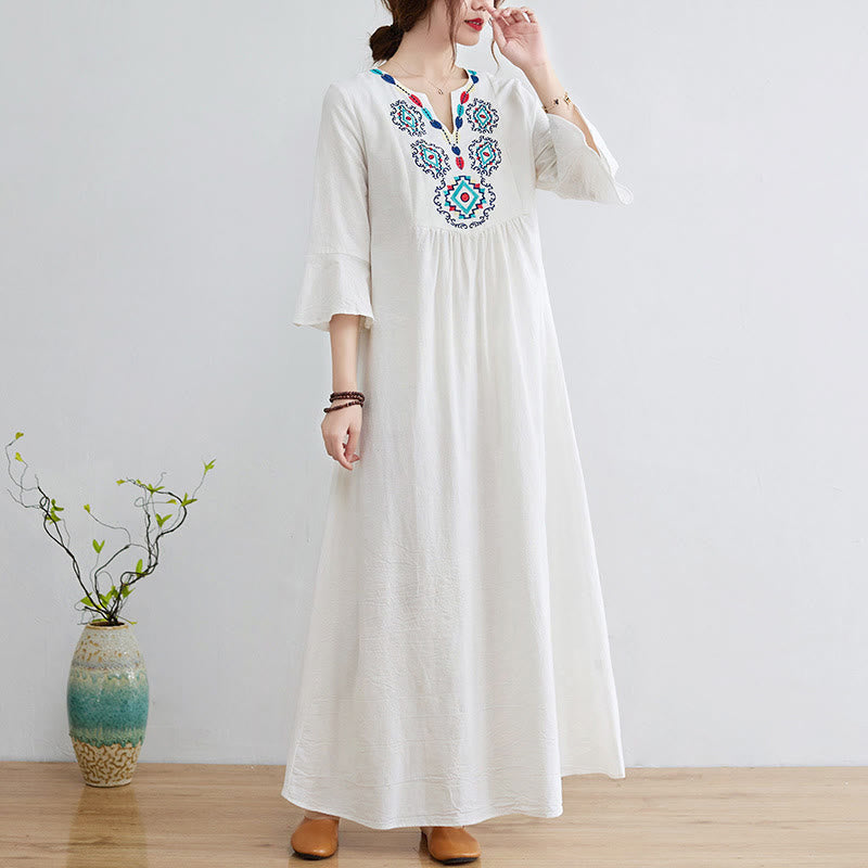 Abito lungo in cotone e lino con maniche a tre quarti, motivo floreale, motivo etnico ricamato e sciolto, motivo Buddha Stones - FlorealeBianco - US8-10, UK/AU12-14, EU40-42 (2XL) - image 0
