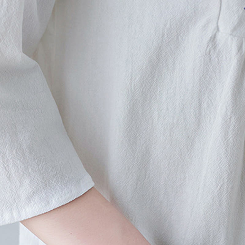 Abito lungo in lino di cotone con scollo a V, manica a tre quarti, ricami Buddha Stones casual floreali, design semplice - image 9