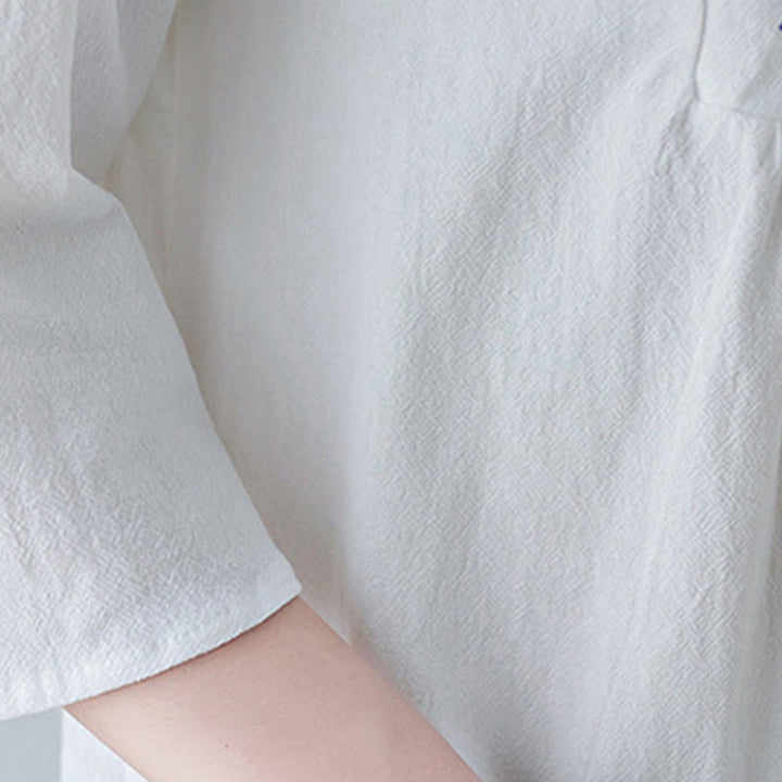 Abito lungo in lino di cotone con scollo a V, manica a tre quarti, ricami Buddha Stones casual floreali, design semplice - image 9