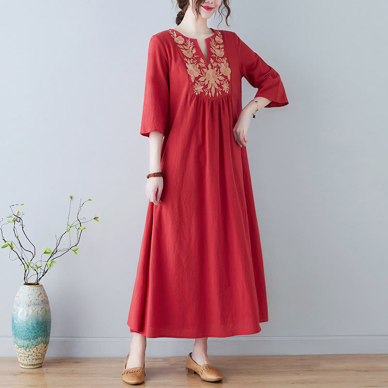 Abito lungo in lino di cotone con scollo a V, manica a tre quarti, ricami Buddha Stones casual floreali, design semplice - RossoArancione - US8-10, UK/AU12-14, EU40-42 (2XL) - image 12